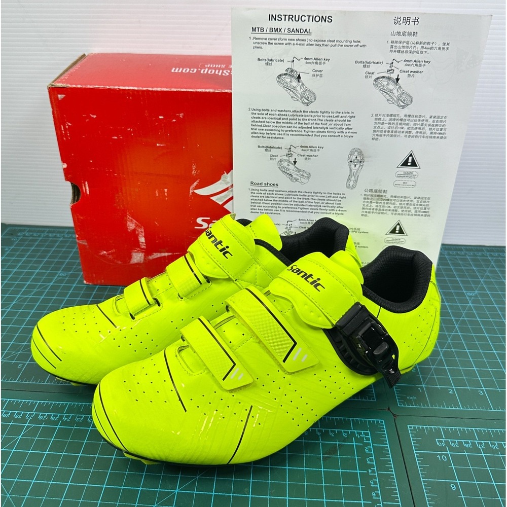 Santic Road Cycling Shoes Mens Size 46 US 12 Neon Yellow Buckle Straps With Box